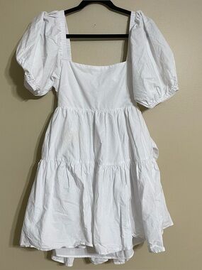 Cotton white puff sleeve backless mini dress size large
